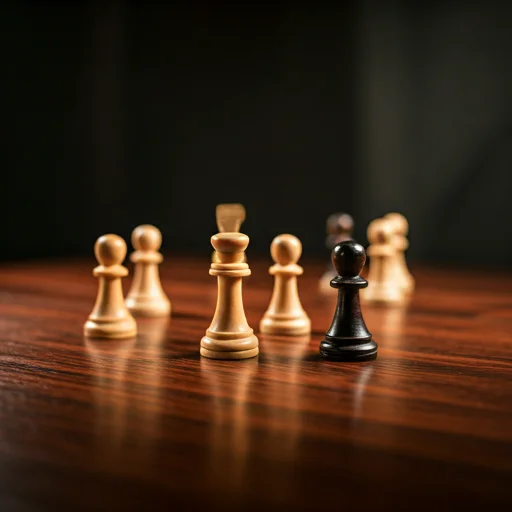 Close-up van zwart-witte schaakstukken op een houten bord, dat strategisch denken, besluitvorming en klassieke tafelspellen symboliseert in een rustige clubomgeving.